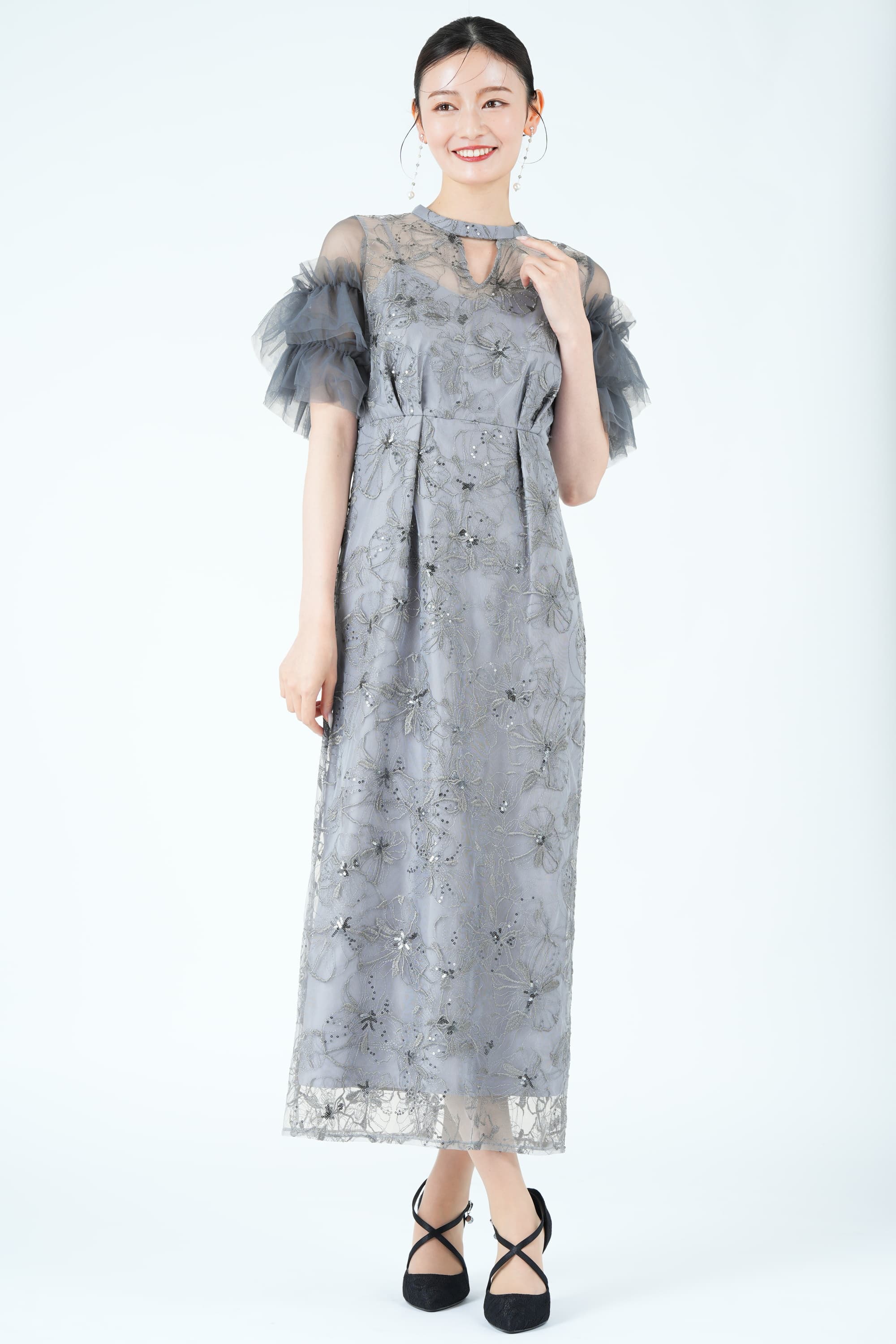 ANDRESD フラワー刺繍スパークルブルードレス